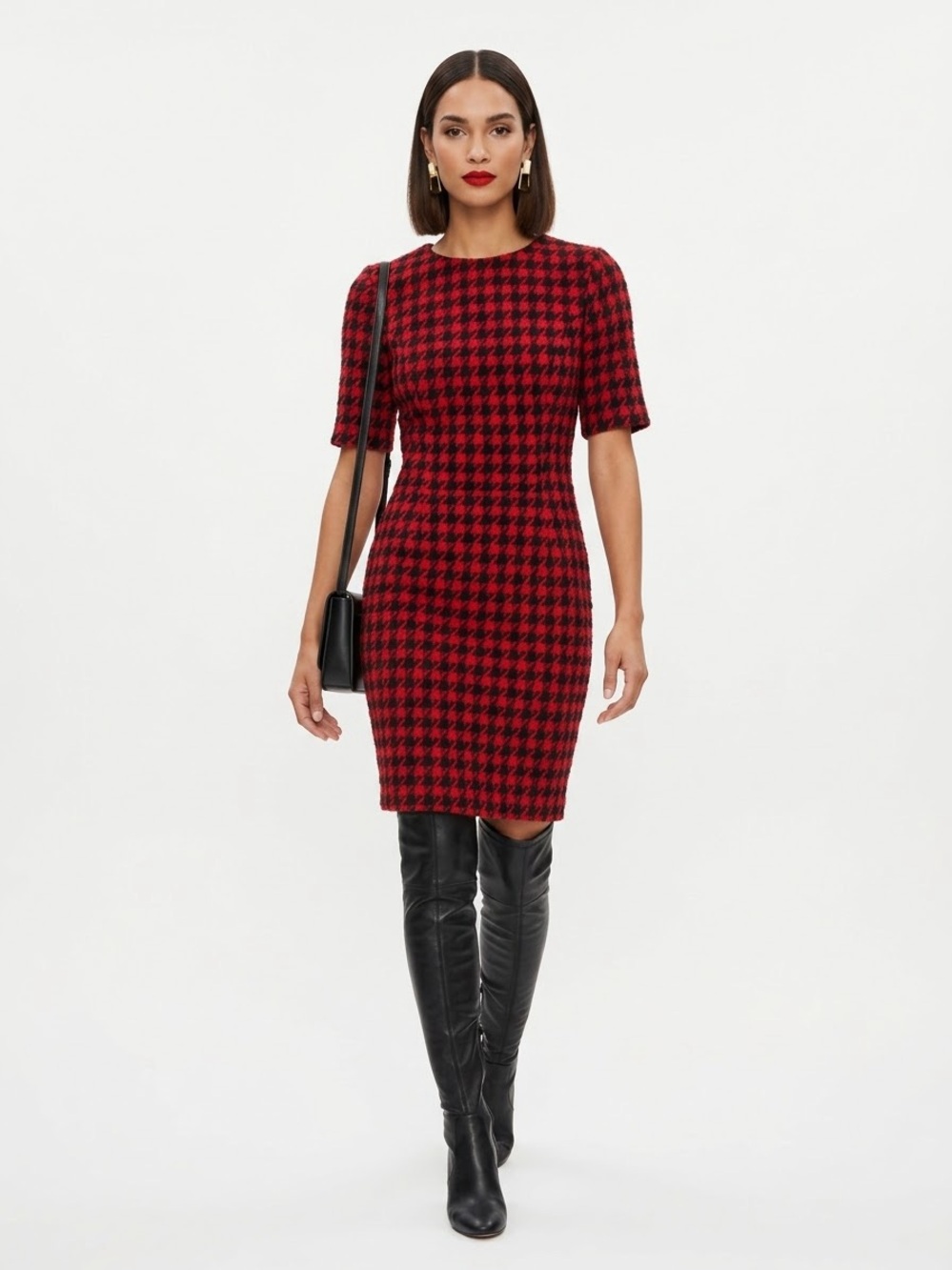 Pink Tartan Herringbone Wool Silk Midi Dress Quiet Luxury Chic Preppy Old Money